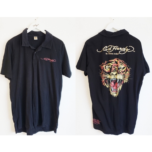 Ed Hardy Other - Ed Hardy By Christian Audigier Tiger Rhinestones Polo Shirt XXL